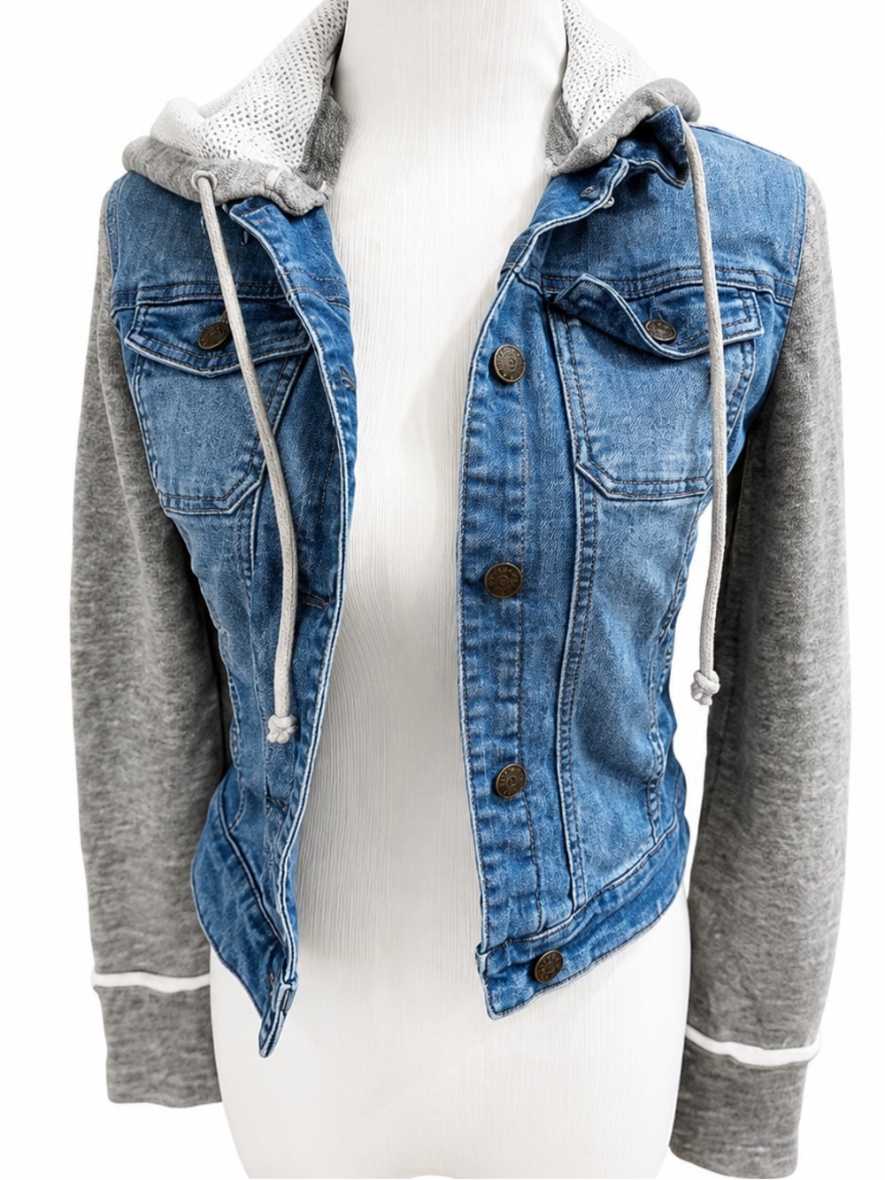 American Rag  Blue Denim & Gray Hooded Jacket Size Small